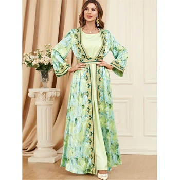 2 Kos Odprite Abaya Muslimanske Ženske Kimono Notranje Obleka Komplet Turčija Arabski Tam Kaftan Islamske Eid Stranka Obleke Dubaj Savdska Jalabiya Vestidos