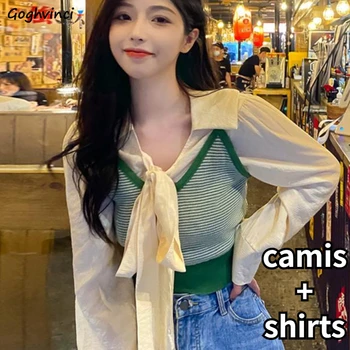 2 Kos Postavlja Ženske Letnik Literarni Ženska Nežno Korejski Slog, Črtasto Slim Camis Bluze Pomlad Nove Priložnostne Temperament Moda
