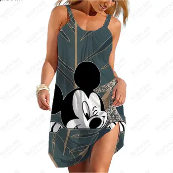 2023 Poletje Nove Seksi Trak Plaža Obleko Disney Mickey Minnie Natisnjeni Žensk brez Rokavov Trak Obleko Havajih U-Vratu Žensk Vrh
