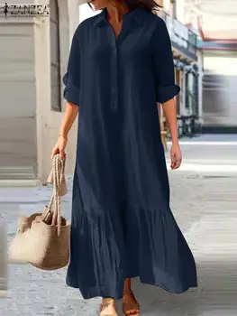2023 ZANZEA Ženske Maxi Obleke Jeseni Dolgo Srajco, Obleko Modne Dolg Rokav River Vestidos Haljo Priložnostne Trdna Svoboden Delo Sundress