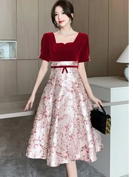 2024 Novo Jacquardske Cvetlični Mozaik Rdeče Saten Dolgo Obleko Poletje Elegantna Kvadratnih Ovratnik Luksuzni Prom Obleke, Ženske Elegantne Stranka Obleko