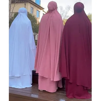 2PCS Muslimanske Ženske Hooded Khimar Caftan Islamskih Molitev Oblačilo Režijske Vrhovi Krilo Nastavite Hidžab Abaya tam kaftan Niqab Obleko Ramadana Eid