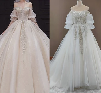 4300#Off-Ramo Poroka Obleke, Elegantne Ljubica 3/4 Dolg Rokav Poročne Halje Plus Velikost Poročni Obleki Poročno Obleko Lok