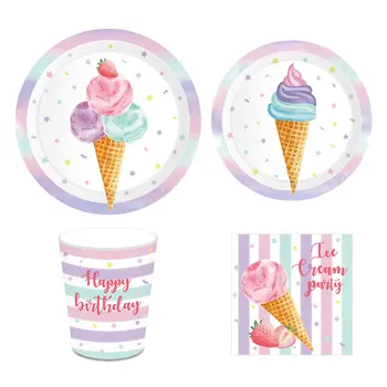 44pcs/paket Ice Cream Stranka Happy Birthday za Enkratno uporabo Namizna Nastavite Ploščo Pokal Papir Napkin Rojstni Okraski za Otroke, Odrasle