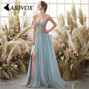 AIOVOX Prom Oblačenja Beaded Elegantno Odpiranje Nazaj Iluzijo Večerno obleko Špagete Trakovi Tla-dolžina Vestido De Noche za Ženske