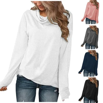 Barva puloverju kup vratu dolgo oplaščeni T-shirt vrh za ženske