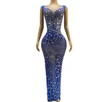 Dolge Večerne Obleke 2024 Elegantno Dolgo Slog Visoke Režejo Sparkly Srebro Sequined Obleko Modre Ženske, Formalni Večerne Lanwen