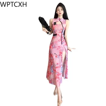Eleganten Stranka Roza Večerna Obleka Kitajski Slog Cheongsams Francoski Seksi Dama Cvet Tiskanja Split Qipao Dress Vintage Chinoiserie