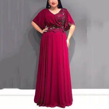 Elegantno Šifon Dolge Obleke za Ženske V Vratu Flare Rokav Vezenje Visoka Vitka Dolžina Tal Rojstni Večerja Vestidos