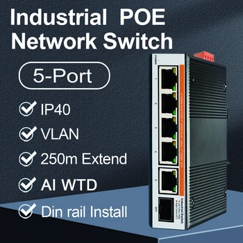 Gigabit Industrijske PoE Stikalo Ethernet, 5 Vrat 1000Mbps Neurejeni Prostem Omrežna Stikala IP40 -40 do 80°C DIN Rail Kovin