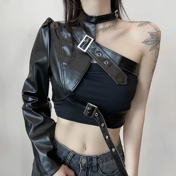 Gothic Black PU Usnjena Jakna Ženske Rami Povodcem Sponke Hip Hop Obleke Moda Ulične Odrezana Jopiči Trdna