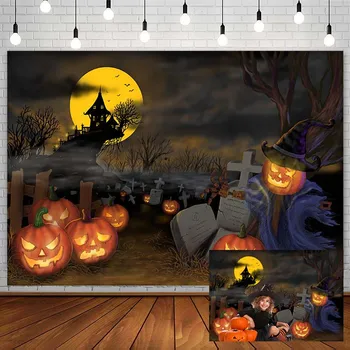 Halloween Ozadje Pumpkin Lantern Ghost Grad Noč Nagrobnik Grob Bat Fotografija Ozadje Photocall Photozone Dekor Rekviziti