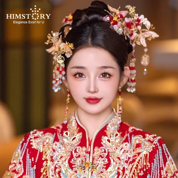 HIMSTORY Ročno Klasični Kitajski Tekoče Cvet Poroko naglavni del Srečne Ptice Modelov Xiuhe Obleko Glavo Dodatki