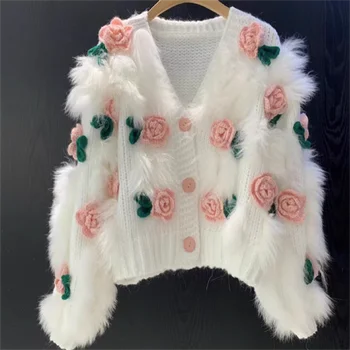 Jeseni leta 2023 Novo Sladko Rose Cvet tri-dimenzionalni Kavljem Rose pulover razrezana lase Rose razsuta prepleteno mrežo plašč ženske