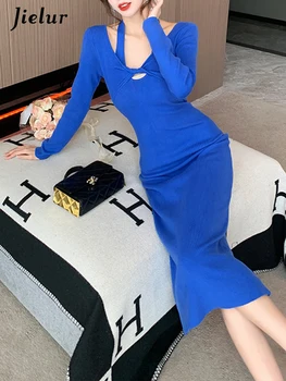 Jielur Modra Seksi Chicly Vratu-vgrajena Pletenje Split Ženske Obleke Pozimi Preprosto Barva Preprosto Priložnostne Moda za Ženske Obleke