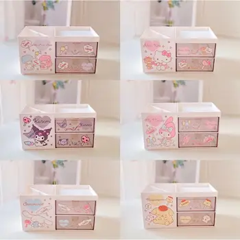 Kawaii Sanrio Hello Kitty Moja Melodija Cinnamoroll Dvojno Plast Škatla za Shranjevanje s Predalom Kapacitete Pisarniški Pribor Darilo
