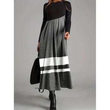 Klasičnih Prugasta Colorblocking Obleka Ženske Dolg Rokav O Vratu Črna Bela Siva maxi Obleke Lady Jeseni, Pozimi črto Obleko Robe