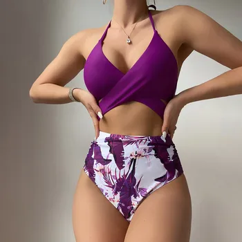 Kopalke za Ženske Split Trikotnik Bikini Natisnjeni Barva Nastavite Kopalke Bikini Obleko