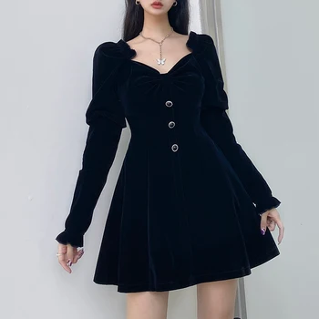 Korejski Eleganten Modni Gumbi Velur Črna Obleka Ženske Ruffles A-Line Puff Rokav Jeseni Stranka Obleke, Mini Obleke