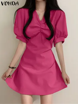 Mini Obleka 2023 VONDA Seksi Žensk V Vratu Summer Party Dress Moda Kratke Puff Sleeve Solid Color Sundress Priložnostne Haljo Femme