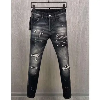 Moda za moške Luknjo Spray Naslikal Trendy Jeans Moto&Biker High Street Priložnostne Denim Tkanine Pismo Tiskanja Hlače 9886#