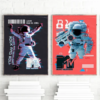 MTV Astronavt plakat Astronavt Retro Starih TV Platno, Tisk Plakatov Wall Art Okras Slikarstvo Za Hišo Dnevna Soba Dekoracijo