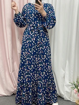Muslimanske Ženske Velikosti Modra Obleka S Cvetličnim Sashes Vključeni Žepi Maroški Afriške Tam Kaftan Za Žensko Jalabiyat Dnevno Stranka