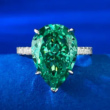 Novo uvožene visoko vsebnostjo ogljika diamond 10 * 14 mm kaplja vode smaragdno zelena poročni prstan za ženske v Evropi in Ameriki