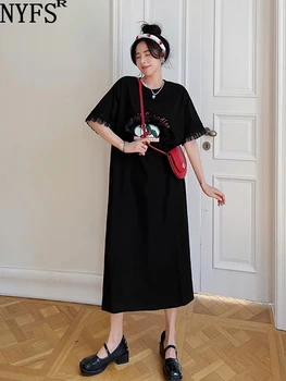 NYFS 2023 Poletje Novo Koreja Ženska Obleka Vestidos Haljo Elbise Svoboden Plus Velikost Režejo Natisnjeni Čipke Kratek Rokav, Dolge Obleke