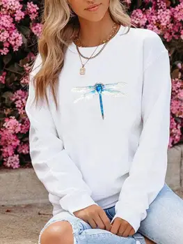 Oblačila Za Ženske, Tiskanje Runo Puloverji Lady Dolg Rokav Akvarel Dragonfly Risanka Zimski Modni Priložnostne Grafični Sweatshirts