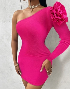 Obleke za Ženske Rose Podrobno Eno Ramo Elegantna Lepa Stranka Obleko 2024 Seksi Trdna Cvetlični Dolge Rokave Suh Mini Obleka