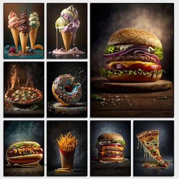 Okusno Ulica Hrane Pizza, Hamburger, Hot Dog Sladoled Plakat Platno Stensko Slikarstvo Umetnost Fotografije, Kuhinja Restavracija Doma Dekor