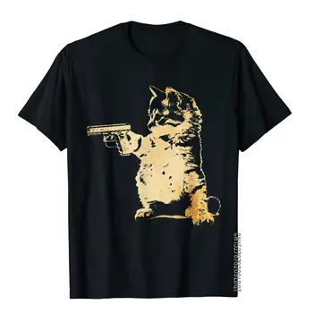 Pištolo Kitty Smešno Mačka T-Shirt Lepe Moške Majice s kratkimi rokavi za Prosti čas Vrhovi Srajce Bombaž Stripi Kratek Rokav Posadke Vratu Oblačila