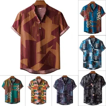 Poletje T-shirt 5 Velikosti Hawaiian Majica Slučajen Zavoj navzdol Ovratnik Moda Kratek Rokav T-shirt