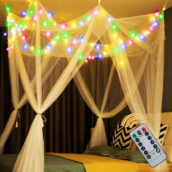 Postelje Krošnjami Z LED Luči String 8 Kotu Princesa Krošnjami Barve Spreminjanje Niz Luči Posteljo Zavese Z Oddaljenim Časovnik Postelje Krošnjami