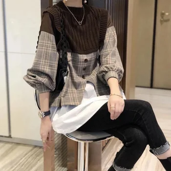 Pulover Pulover Ženske 2023 Modi Mozaik Pulover Srednje dolžine Pletenine Ponaredek dva kosa korejski pulover ženski pulover