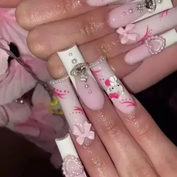 Sanrio Hello Kitty Y2K Roza Dekle Srce Dolgo Ponaredek Nalepke za Nohte Pearl Ljubezen Lok Ročno Tri-Dimenzionalni Nail Art Darila