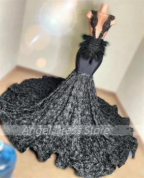 Seksi Črna 3D Cvet morska deklica Prom Obleke Za Črno Dekleta Iluzijo Beading Perje, Formalno Stranko Obleko Haljo вечернее платье