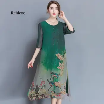 Zeleno Svileno Obleko, Z Gumbi Pol Rokav Cvjetnim Tiskanja Elegantno Kitajski Maxi Obleke Za Ženske do leta 2020 Poletje Haljo femme