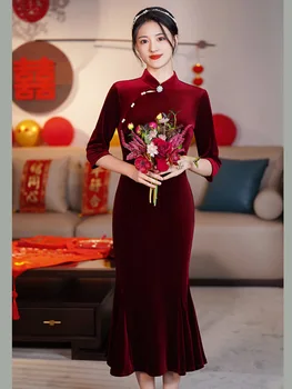 Žamet Cheongsam Morska Deklica Ženskega Letnik Stranka Obleko Tradicionalno Kitajsko Obleko Qipao Orientale Elegantno Dnevno Obleko Qi Pao Kitajska