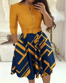 Ženska Obleke 2023 Jeseni Geometrijske Tiskanja Colorblock Zadrgo Design Krog Vratu Dolg Rokav Priložnostne Midi Stranka Obleka s Pasom