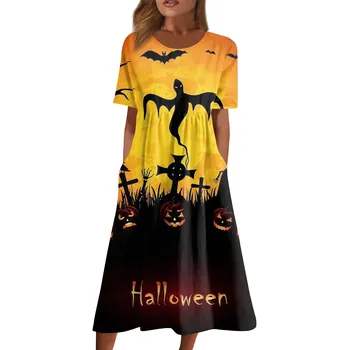 Ženske Priložnostne Tiskanih Obleke Halloween Natisnjeni Naguban Krog Vratu Osnovnih Klasičnih Prostem Dnevno Kratek Rokav Ohlapne Obleke